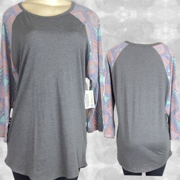 LulaRoe 2XL Randy Gray Crew Geometric Washed-Out Long Raglan Sleeve Print Tee - Picture 1 of 6